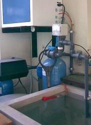 Apres l'osmoseur, l'eau passe à travers une résine et coule dans un bac